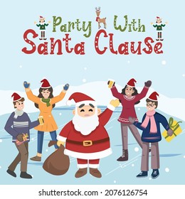 Christmas party celebration with santa Claus. Group of men and girls wearing Santa Claus costumes
and clothes, dancing. Minimal modern flat vector illustration set.