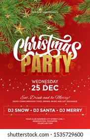 Christmas party celebration template, flyer, poster, banner. Red background with Christmas decorations, decorative golden elements, Christmas tree pine, fir branches design