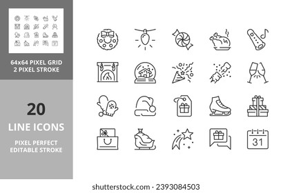 Christmas, party and celebrations, thin line icon set 2 of 2. Outline symbol collection. Editable vector stroke. 64 and 256 Pixel Perfect scalable to 128px