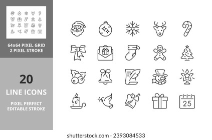 Christmas, party and celebrations, thin line icon set 1 of 2. Outline symbol collection. Editable vector stroke. 64 and 256 Pixel Perfect scalable to 128px