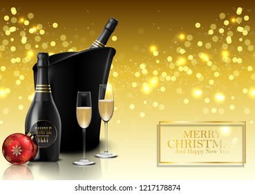 Christmas party with champagne bottle and wineglass