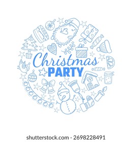 Christmas party. circle shape background with christmas items. snowflakes presents boxes toys and sweets