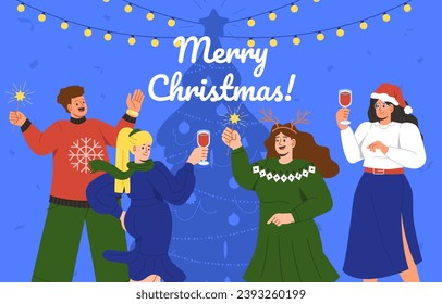 Christmas party concept. People in warm clothes with glasses of champagne under garlands. Happy New Year and winter holidays. Friends near Christmas tree. Cartoon flat vector illustration