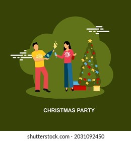 Christmas party with couple enjoying on green background flat concept icon design