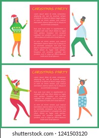 Christmas party, coworkers dancing at corporate fest celebrating New Year and Xmas holiday. Vector cartoon style people having fun, text sample frame