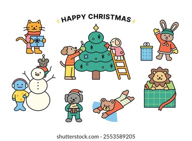 A Christmas party with cute animals. They decorate a tree together, make a snowman, and give presents.