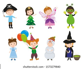 Christmas party. Cute children in holiday costumes: Pirate, Christmas Tree, Fairy, Monster, Princess, Clown, Snowman, Witch. Vector illustration.