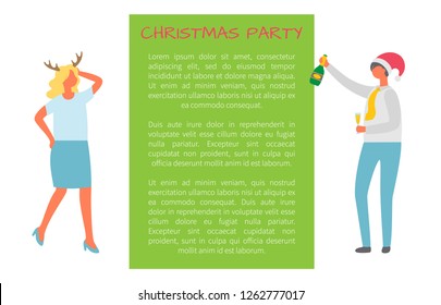 Christmas party and dancing man, woman in horns, male in Santa hat, cartoon characters isolated vector. Happy people celebrating Xmas and New Year