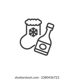 Christmas party decoration line icon. linear style sign for mobile concept and web design. Champagne bottle and stocking outline vector icon. Symbol, logo illustration. Vector graphics