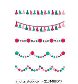 Christmas Party Decoration Tassels And Pom Poms Borders Set. Paper Garland For Celebration. Vector Illustration