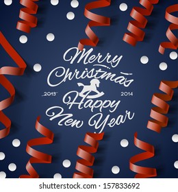 Christmas Party design card with streamers and confetti, vector illustration. 