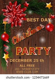 Christmas party design poster with tree and bow. Vector illustration.