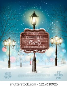 Christmas Party Design Template With Evening Winter Landscape and Lamppost. Vector