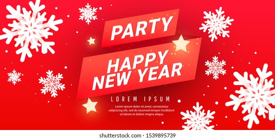 Christmas party design template with paper cut snowflakes on a red background using for web banner, poster. Vector illustration