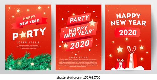 Christmas party design template set with branch fir tree, stars and red gifts on a red background using for web banner, poster