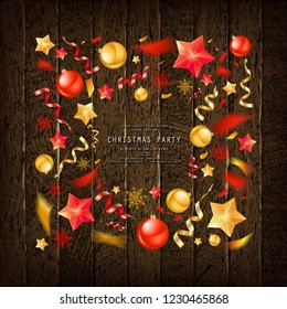 Christmas party or dinner invitation, poster, flyer, greeting card, menu design template. On old wooden background Vector illustration