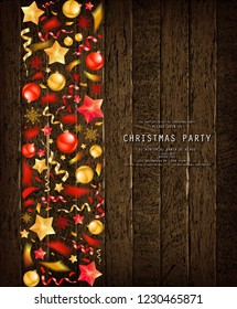 Christmas party or dinner invitation, poster, flyer, greeting card, menu design template. On old wooden background Vector illustration