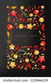 Christmas party or dinner invitation, poster, flyer, greeting card, menu design template. On dark background Vector illustration