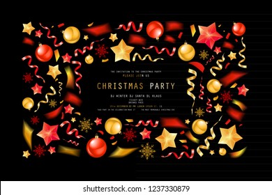 Christmas party or dinner invitation, poster, flyer, greeting card, menu design template. On dark background Vector illustration