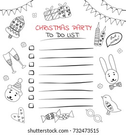 a christmas party to do list; black and white; in sketchy hand drawn style; great as a coloring page; a vector illustration