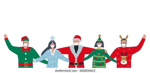 Christmas party during the coronavirus epidemic. Young people in medical masks wearing Christmas costumes. Best friends. There is Santa Claus, Christmas tree, Elf, Snowflake and Deer in the picture