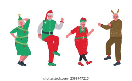 Christmas party. Elderly people in Christmas costumes are dancing and having fun. Positive active seniors. Santa Claus, Christmas tree, Elf woman and Deer. Vector illustration