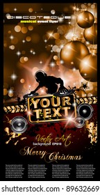 Christmas Party Event Background with Dj Shape and Fantastic Red Baubles and Glitters in the baclground. Ideal for music posters or depliant.