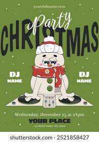 Christmas party event flyer layout in retro groovy style. Cute snowman character as a DJ. Vector illustration.