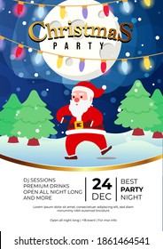 Christmas Party Event Poster Design With Cute Santa Claus Crazy Dance with Night Background Illustration