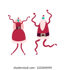 Christmas party with faceless Santa Claus and girl in red holiday costume. Vector flat illustration of dancing people isolated on white background.
