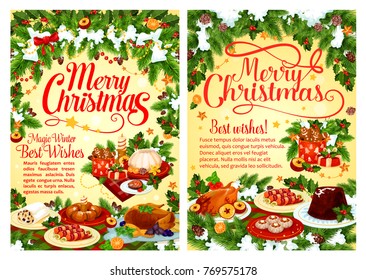 Christmas party festive dinner greeting card with Xmas tree and holly garland. Turkey or chicken, fruit cake and mulled wine, cookie, nut dessert and gingerbread for winter holiday invitation design