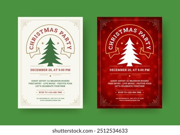 Christmas party festive retro flyer with spruce design template set vector illustration. Xmas New Year celebration holiday event musical disco festival invitation ribbon golden frame glow bokeh snow