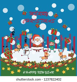 Christmas Party fireworks in winter forest. Santa Claus, Snowman, Reindeer and elf in Christmas.