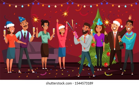 Christmas party flat vector illustration. People with festive crackers and sparkles celebrating winter holiday. Corporate workers, friends cartoon characters drinking champagne. New Year celebration