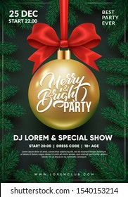 Christmas party flyer design. 3d christmas ball with red bow. Creative winter holidays background. Eps10 vector.