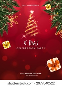 Christmas Party Flyer Design With Golden Lighting Xmas Tree, Snowflakes, Fir Leaves, Gift Boxes And Copy Space On Red Bokeh Background.