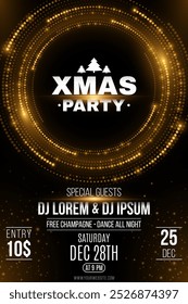 Christmas party flyer design. Golden glittering frame of abstract glowing dots. Festive background with light effects. Night club Invitation to holiday music event. Vector illustration. EPS 10.