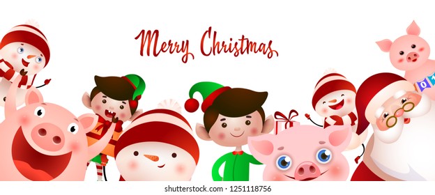 Christmas party flyer design. Joyful team of elves, Santa Claus, snowmen and pigs celebrating Xmas on white background. Illustration can be used for greeting cards, banners, posters