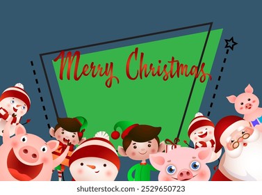 Christmas party flyer design. Joyful team of elves, Santa Claus, snowmen and pigs celebrating Xmas on abstract background. Illustration can be used for greeting cards, banners, posters