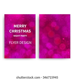 Christmas party Flyer design templates. Set of purple A4 brochure design templates with bokeh lights and snowflakes backgrounds.