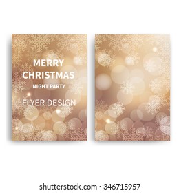 Christmas party Flyer design templates. Set of beige A4 brochure design templates with bokeh lights and snowflakes backgrounds.