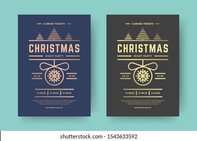 Christmas party flyer event modern typography and golden decoration elements. Christmas holidays event invitation or poster design. Vector illustration.