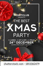 Christmas party flyer invitation. Holiday background with round black gift boxes, sparkling light garland, Christmas balls and golden confetti. Vector illustration. Invitation to nightclub.