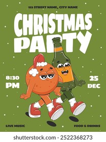 Christmas Party Flyer Layout with cartoon characters. Design template in retro groovy style. Vector illustration with beer bottle and tangerine.