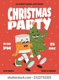 Christmas Party Flyer Layout. Design template with cute cartoon characters. Vector illustration for party flyer, greeting card.