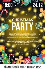 Christmas party flyer poster vector illustration. Invitation holiday card for Xmas celebration with decoration gifts, golden light bulbs, Christmas tree. Invite to celebrate Merry Christmas background