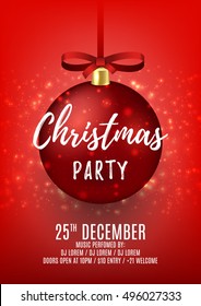 Christmas party flyer with red ball. Elegant vector illustration with snow. Beautiful background with shining sparks. Design of invitation to night club.