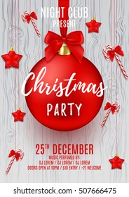 Christmas party flyer with red ball and stars. Vector illustration with candy canes. Design of invitation to night club.