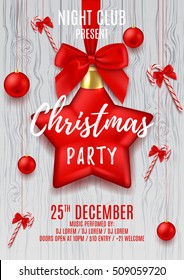 Christmas party flyer with red star and balls. Vector illustration with candy canes on wooden texture. Design of invitation to night club.