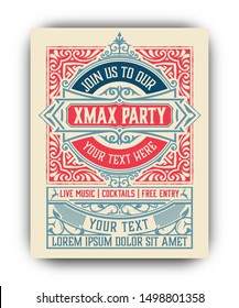 Christmas party flyer retro typography and ornament decoration. Christmas holidays invitation or poster design. Vector illustration. Christmas party flyer retro typography and ornament decoration. Christmas holidays invitation or poster design. Vector illustration.